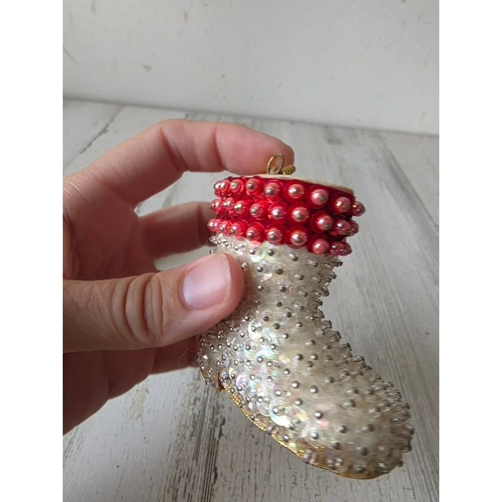 Vintage pushpin Santa boot shoe sequin ornament pearls Xmas tree